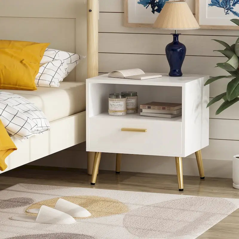 Table de chevet moderne avec tiroir et étagère ouverte – Pieds en métal