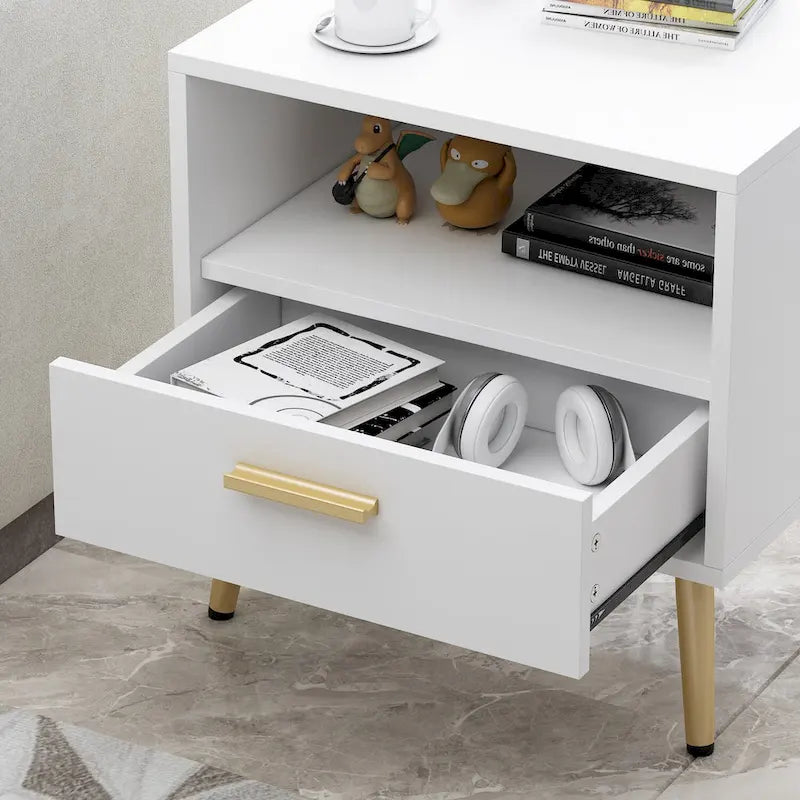 Table de chevet moderne avec tiroir et étagère ouverte – Pieds en métal